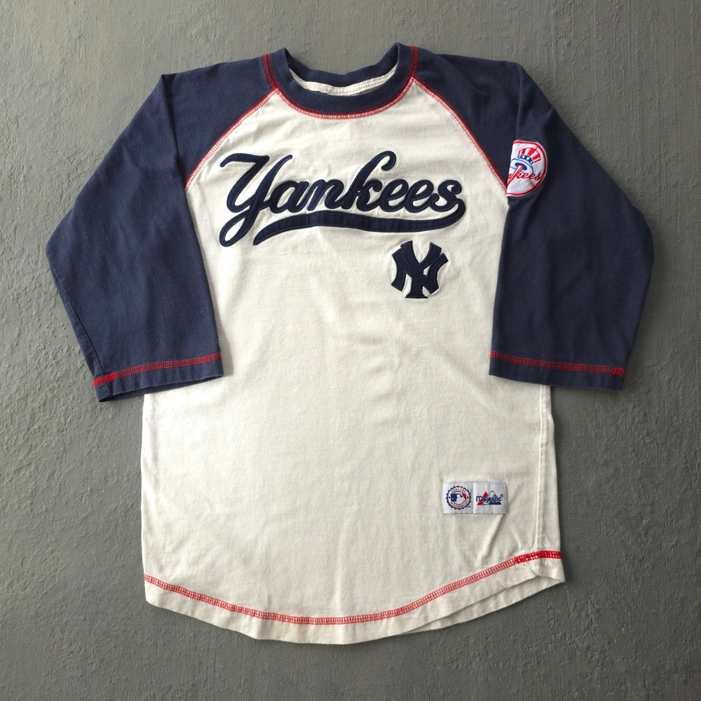 Vintage 2000s Majestic White T-shirt Size 10/12 NY Yankees Raglan 3/4 Sleeve